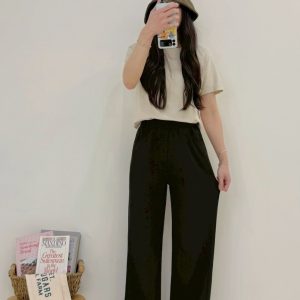 彈力顆粒紋黑寬褲